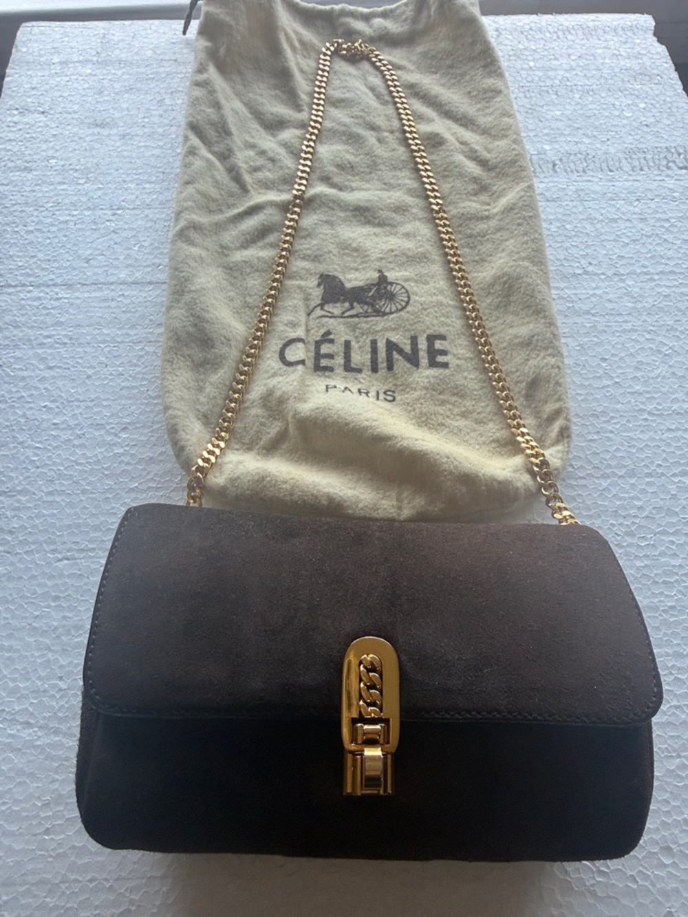 Vintage CELINE brown suede pouch shoulder bag with gold chain and Celine dustbag